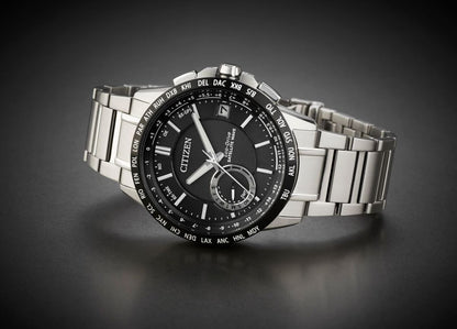 Citizen Eco-Drive Satellite Wave World Time GPS Black Dial Stainless Steel Mens Watch CC3005-85E