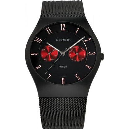 Bering Titanium Collection Black/Red Dial Black Case & Bracelet Mens Quartz Watch 11939-229