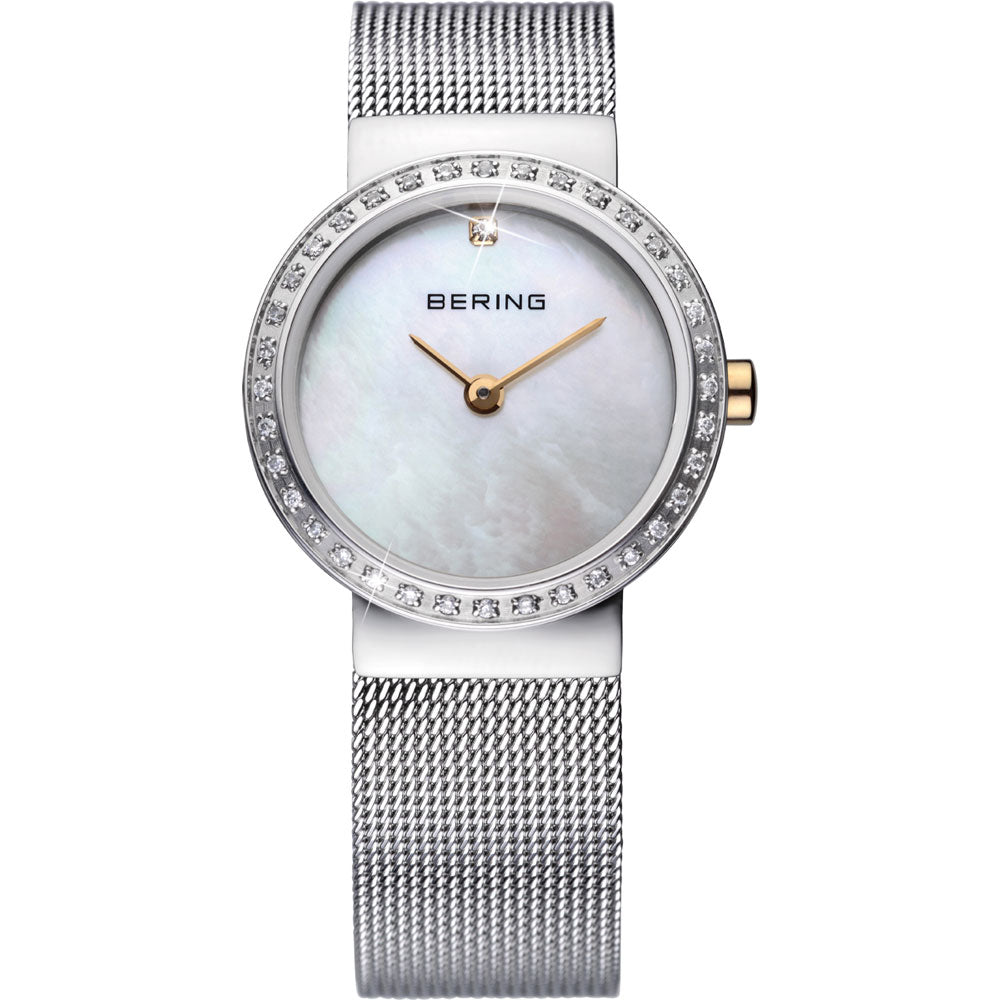 Bering Classic Collection Mother of Pearl Dial Stainless Steel Swarovksi Set Womens Quartz Watch 10725-010