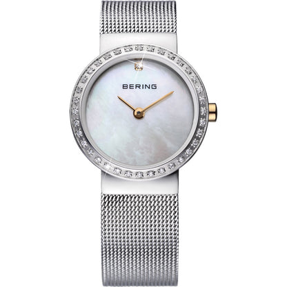Bering Classic Collection Mother of Pearl Dial Stainless Steel Swarovksi Set Womens Quartz Watch 10725-010
