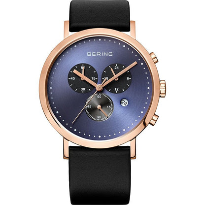 Bering Classic Collection Blue Dial Rose Gold Plated Mens Quartz Chronograph Watch 10542-567