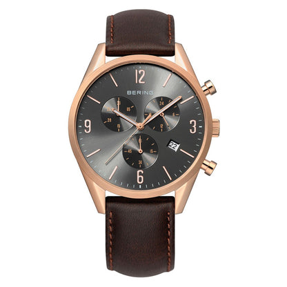 Bering Classic Collection Grey Dial Rose Gold Plated Mens Quartz Chronograph Watch 10542-562