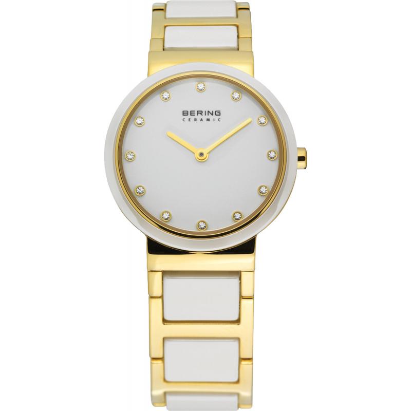 Bering Ceramic Collection White Dial Gold Plated Womens Quartz Watch 10729-751