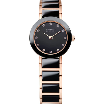 Bering Ceramic Collection Black Dial Rose Gold Plated Womens Quartz Watch 11422-746