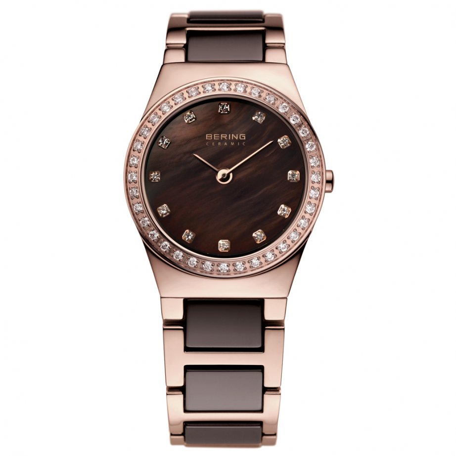 Bering Ceramic Collection Brown Mother of Pearl Dial Rose Gold Swarovski Set Plated Womens Quartz Watch 32426-765