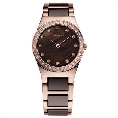Bering Ceramic Collection Brown Mother of Pearl Dial Rose Gold Swarovski Set Plated Womens Quartz Watch 32426-765