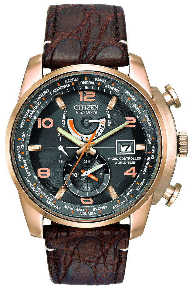 Citizen Eco-Drive World Time A-T Black Dial Rose Gold Plated Mens Radio Controlled Chronograph Limited Edition Watch AT9013-11E