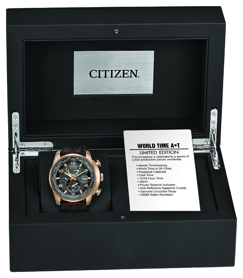 Citizen Eco-Drive World Time A-T Black Dial Rose Gold Plated Mens Radio Controlled Chronograph Limited Edition Watch AT9013-11E