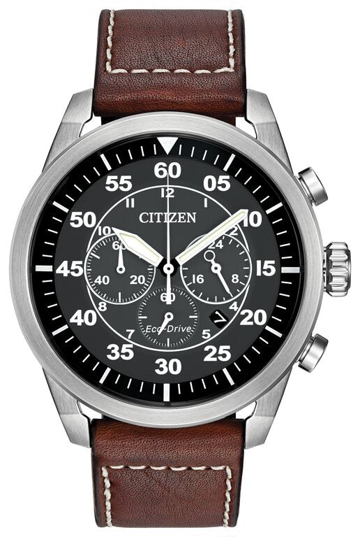 Citizen Eco-Drive Avion Black Dial Stainless Steel Mens Chronograph Watch CA4210-24E