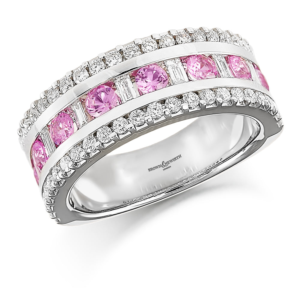 Brown & Newirth 18ct White Gold Three Row Baguette & Brilliant Cut Diamond, Pink Sapphire Set Ring HET953PS