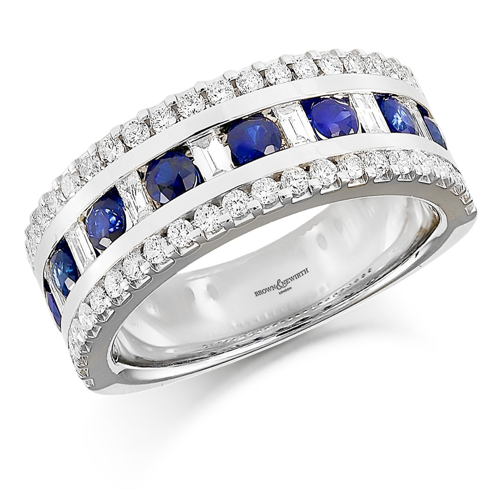 Brown & Newirth 18ct White Gold Three Row Baguette & Brilliant Cut Diamond, Sapphire Set Ring HET953BS