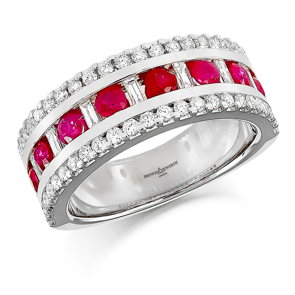 Brown & Newirth 18ct White Gold Three Row Baguette & Brilliant Cut Diamond, Ruby Set Ring HET953RU