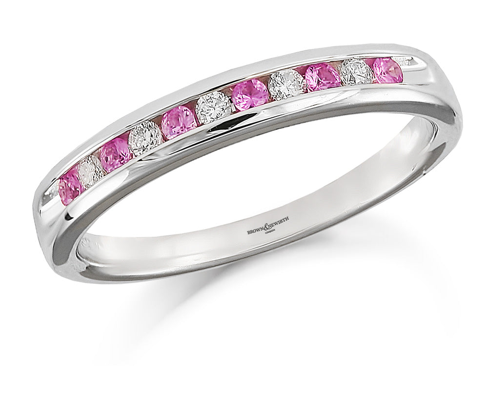 Brown & Newirth 18ct White Gold 0.25ct Brilliant Cut Diamond & Pink Sapphire Channel Set Half Eternity Ring HET946PS