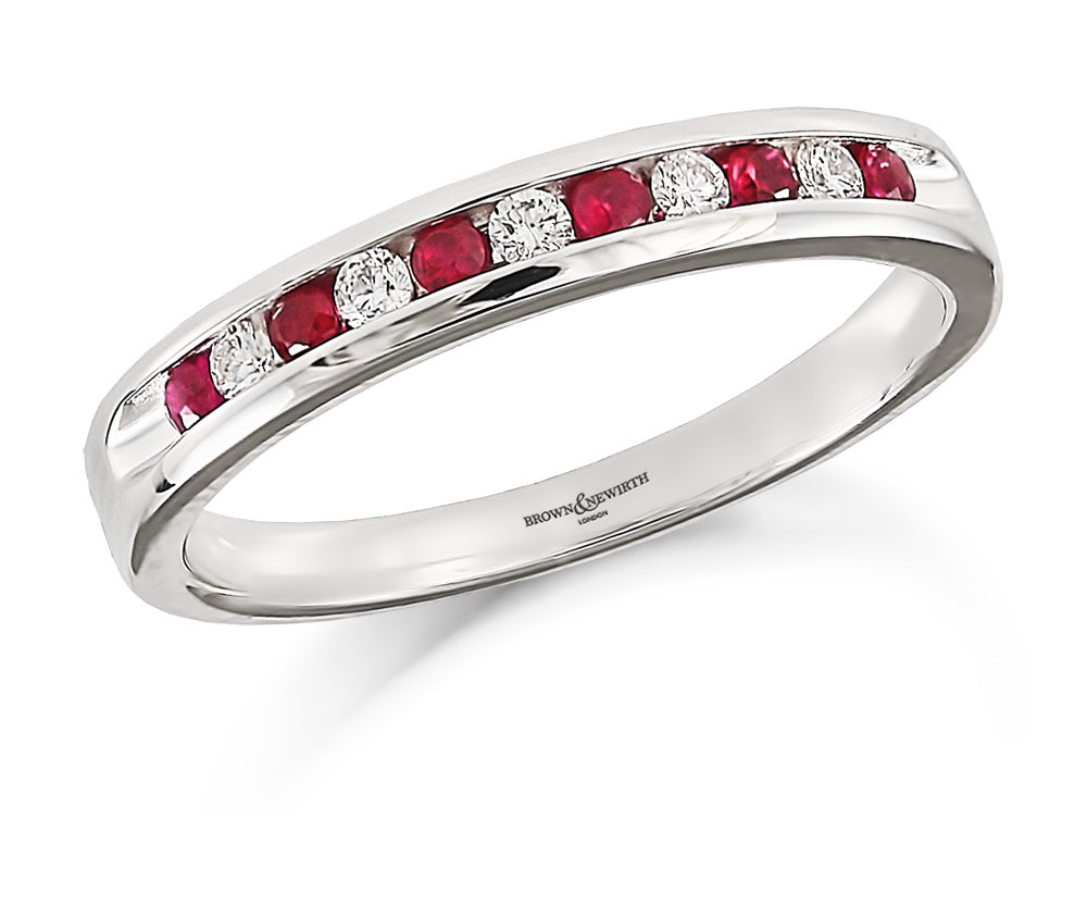 Brown & Newirth 18ct White Gold 0.25ct Brilliant Cut Diamond & Ruby Channel Set Half Eternity Ring HET946RU