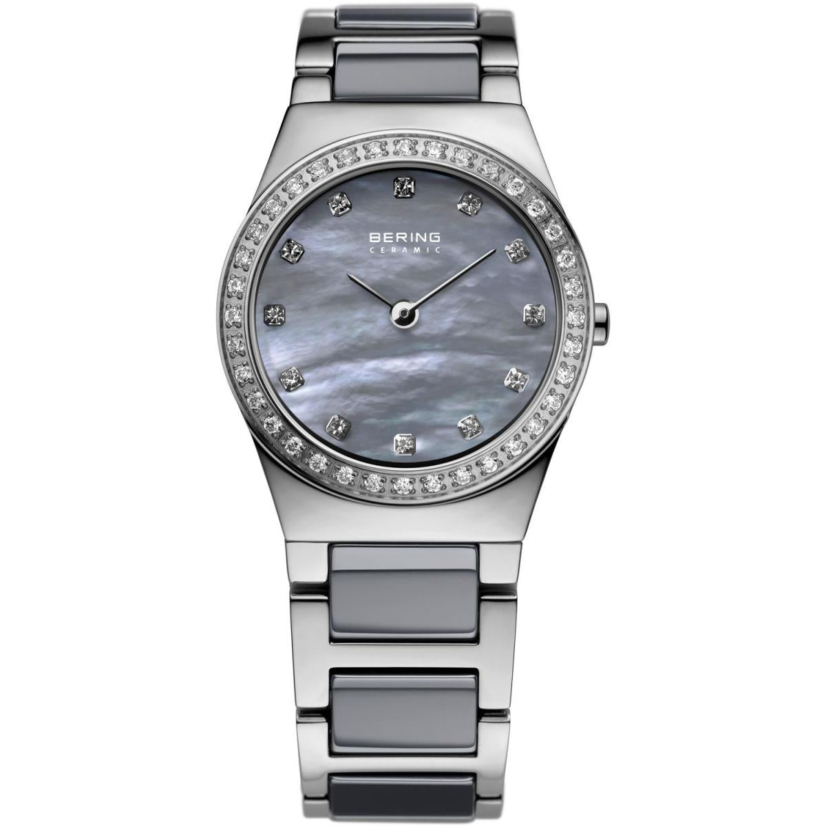 Bering Ceramic Collection Grey Mother of Pearl Dial Stainless Steel Swarovski Set Womens Quartz Watch 32426-789