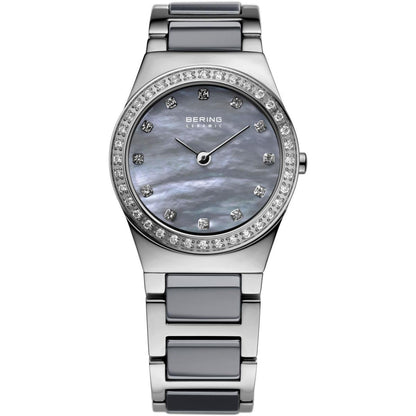 Bering Ceramic Collection Grey Mother of Pearl Dial Stainless Steel Swarovski Set Womens Quartz Watch 32426-789