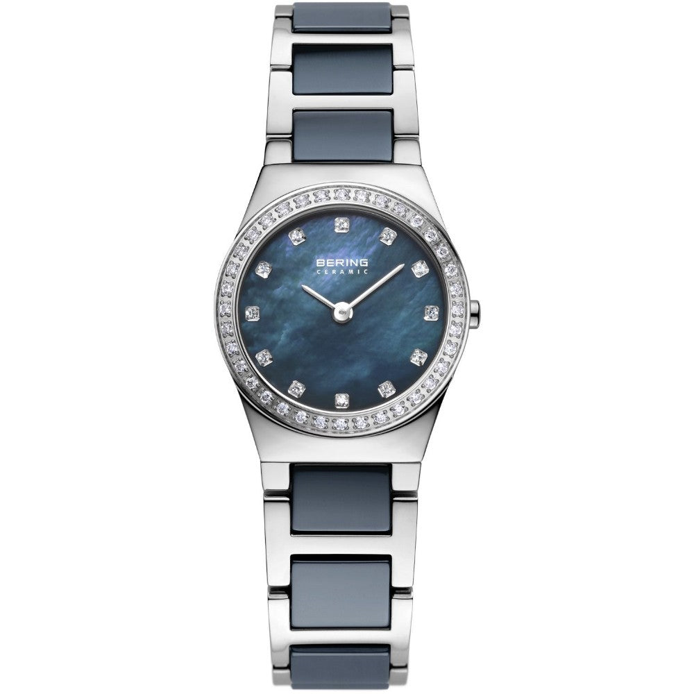 Bering Ceramic Collection Blue Mother of Pearl Dial Swarovski Set Stainless Steel Womens Quartz Watch 32426-707