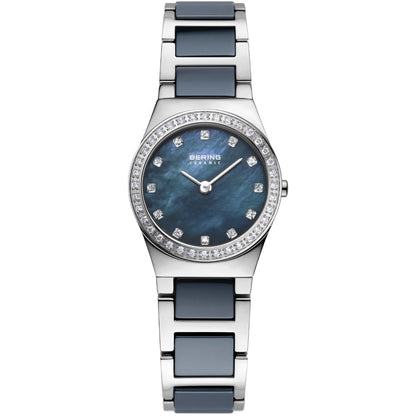 Bering Ceramic Collection Blue Mother of Pearl Dial Swarovski Set Stainless Steel Womens Quartz Watch 32426-707