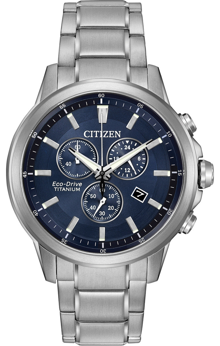Citizen Eco-Drive Blue Dial Titanium Mens Chronograph Watch AT2340-56L