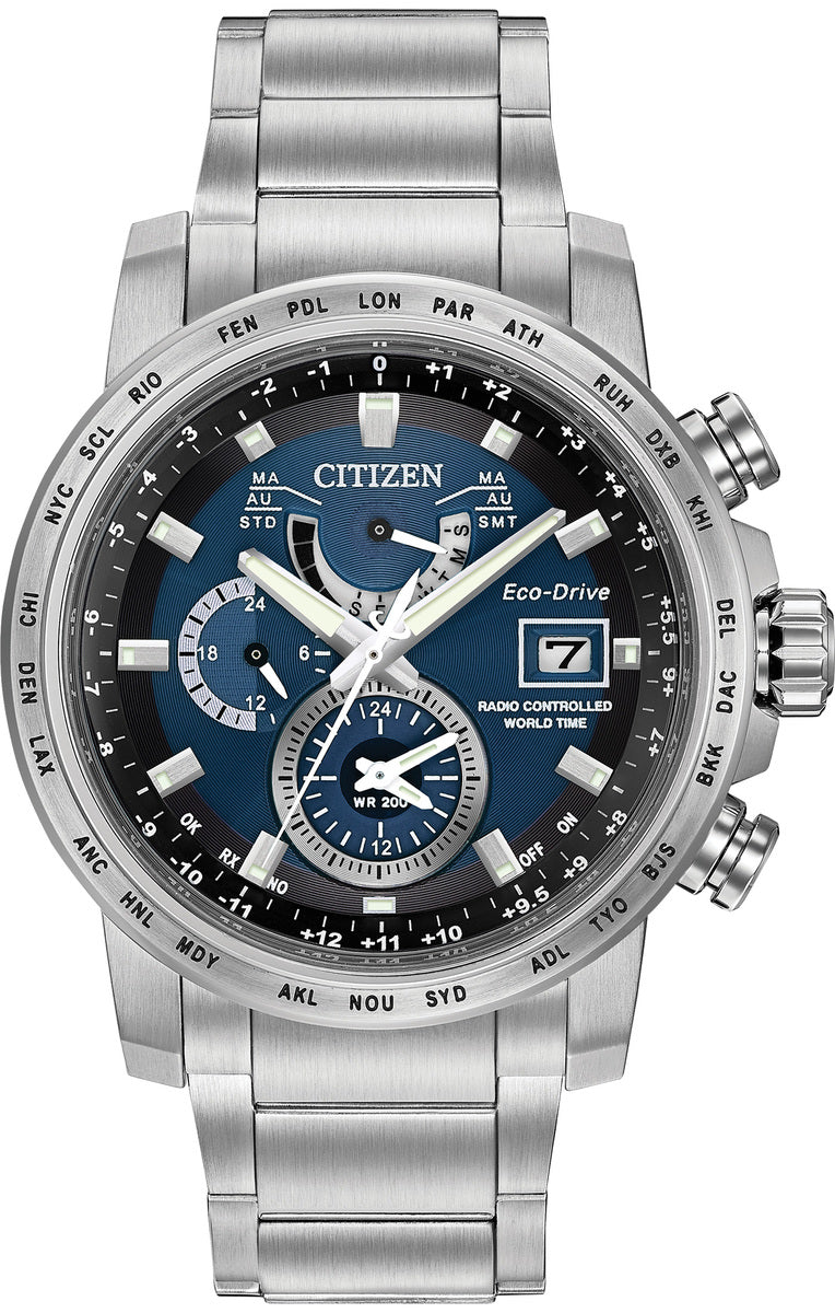 Citizen Eco-Drive World Time A-T Blue Dial Stainless Steel Mens Radio Controlled Watch AT9070-51L