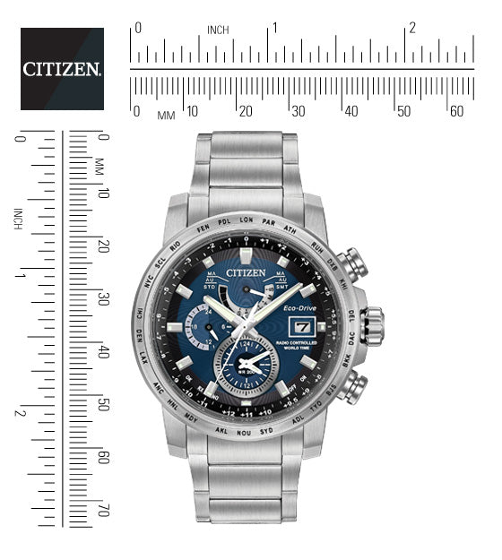 Citizen Eco-Drive World Time A-T Blue Dial Stainless Steel Mens Radio Controlled Watch AT9070-51L