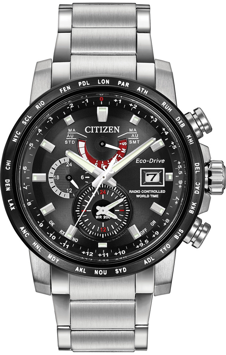 Citizen Eco-Drive World Time A-T Black Dial Stainless Steel Mens Radio Controlled Watch AT9071-58E