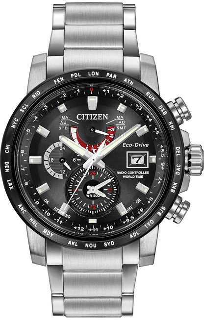 Citizen Eco-Drive World Time A-T Black Dial Stainless Steel Mens Radio Controlled Watch AT9071-58E