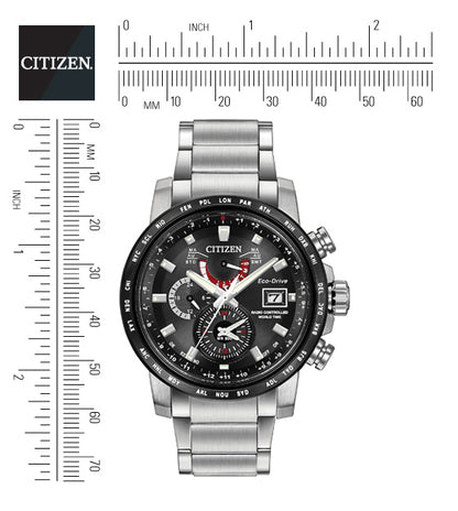 Citizen Eco-Drive World Time A-T Black Dial Stainless Steel Mens Radio Controlled Watch AT9071-58E