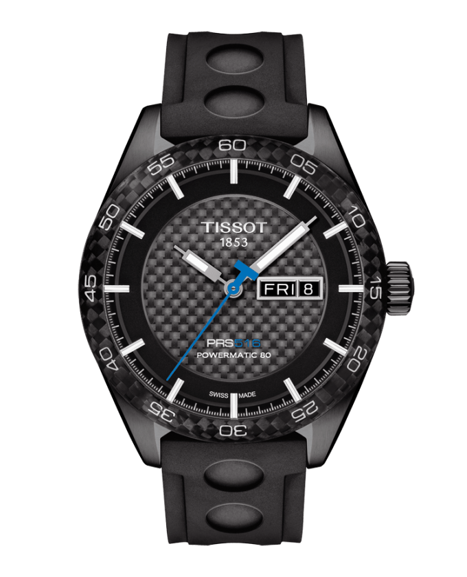 Tissot PRS 516 Carbon Dial Black PVD Plated Case Rubber Strap Mens Powermatic 80 Watch T1004303720100