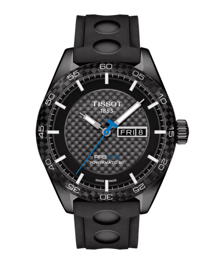Tissot PRS 516 Carbon Dial Black PVD Plated Case Rubber Strap Mens Powermatic 80 Watch T1004303720100