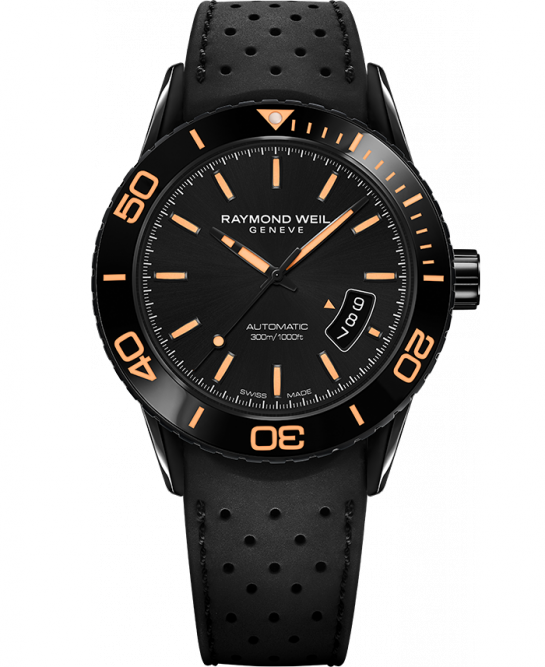 Raymond Weil Freelancer Black Dial Black PVD Plated Case Rubber Strap Mens Watch 2760-SB2-20001