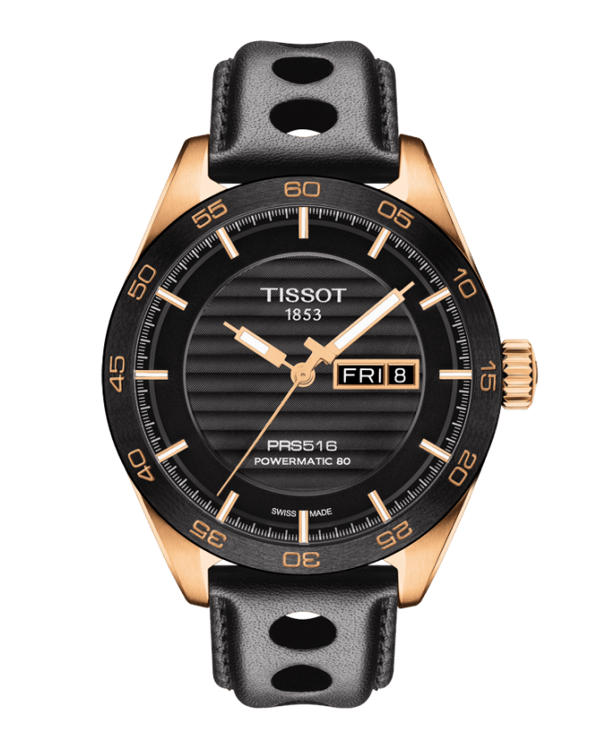 Tissot PRS 516 Black Dial Rose PVD Plated Case Mens Powermatic 80 Day-Date Watch T1004303605100