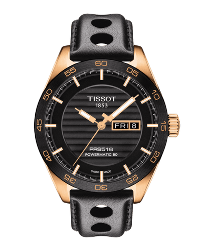 Tissot PRS 516 Black Dial Rose PVD Plated Case Mens Powermatic 80 Day-Date Watch T1004303605100
