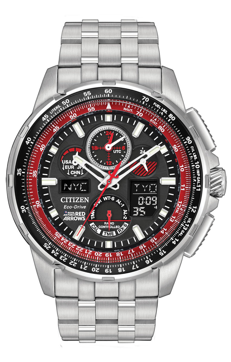 Citizen Eco-Drive Red Arrows Skyhawk A-T Black Dial Stainless Steel Mens Radio Controlled Chronograph Watch JY8059-57E
