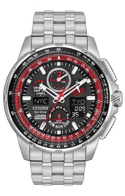 Citizen Eco-Drive Red Arrows Skyhawk A-T Black Dial Stainless Steel Mens Radio Controlled Chronograph Watch JY8059-57E