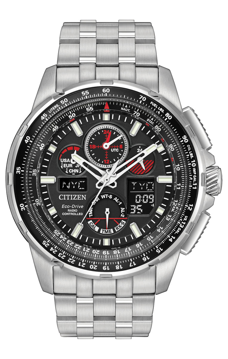 Citizen Eco-Drive Skyhawk A-T Black Dial Stainless Steel Mens Radio Controlled Chronograph Watch JY8050-51E