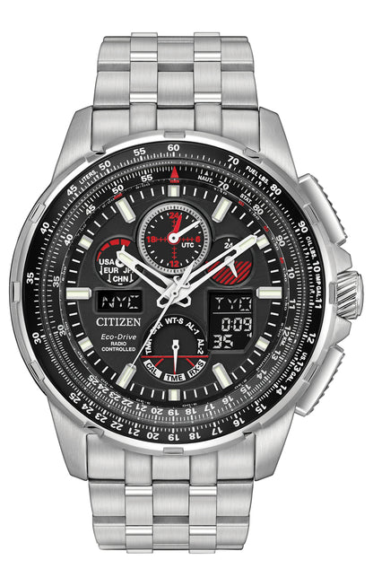 Citizen Eco-Drive Skyhawk A-T Black Dial Stainless Steel Mens Radio Controlled Chronograph Watch JY8050-51E