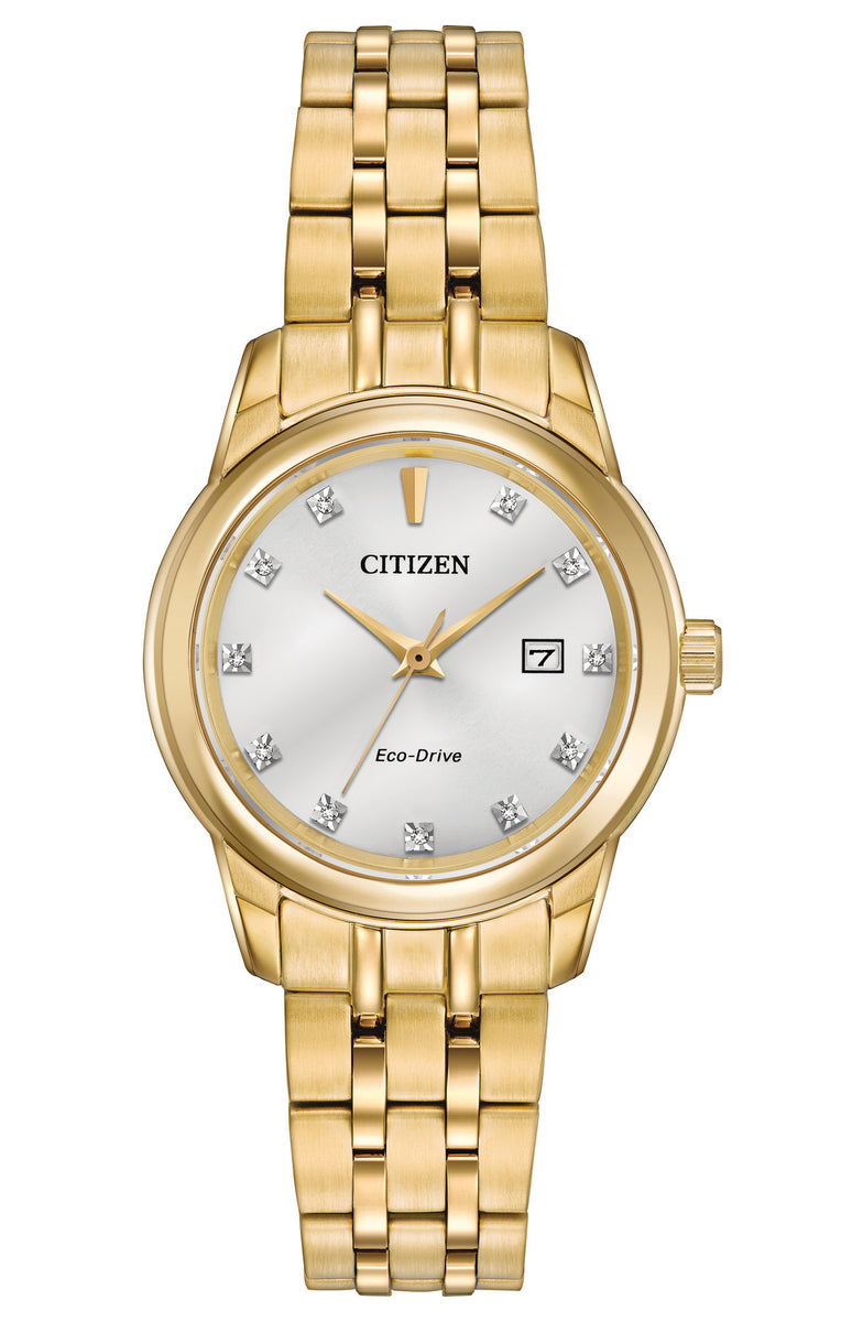 Citizen Eco-Drive Diamond Collection Silver Dial Gold Plated Womens Watch EW2392-54A