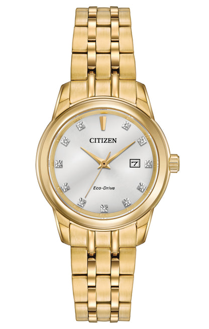 Citizen Eco-Drive Diamond Collection Silver Dial Gold Plated Womens Watch EW2392-54A