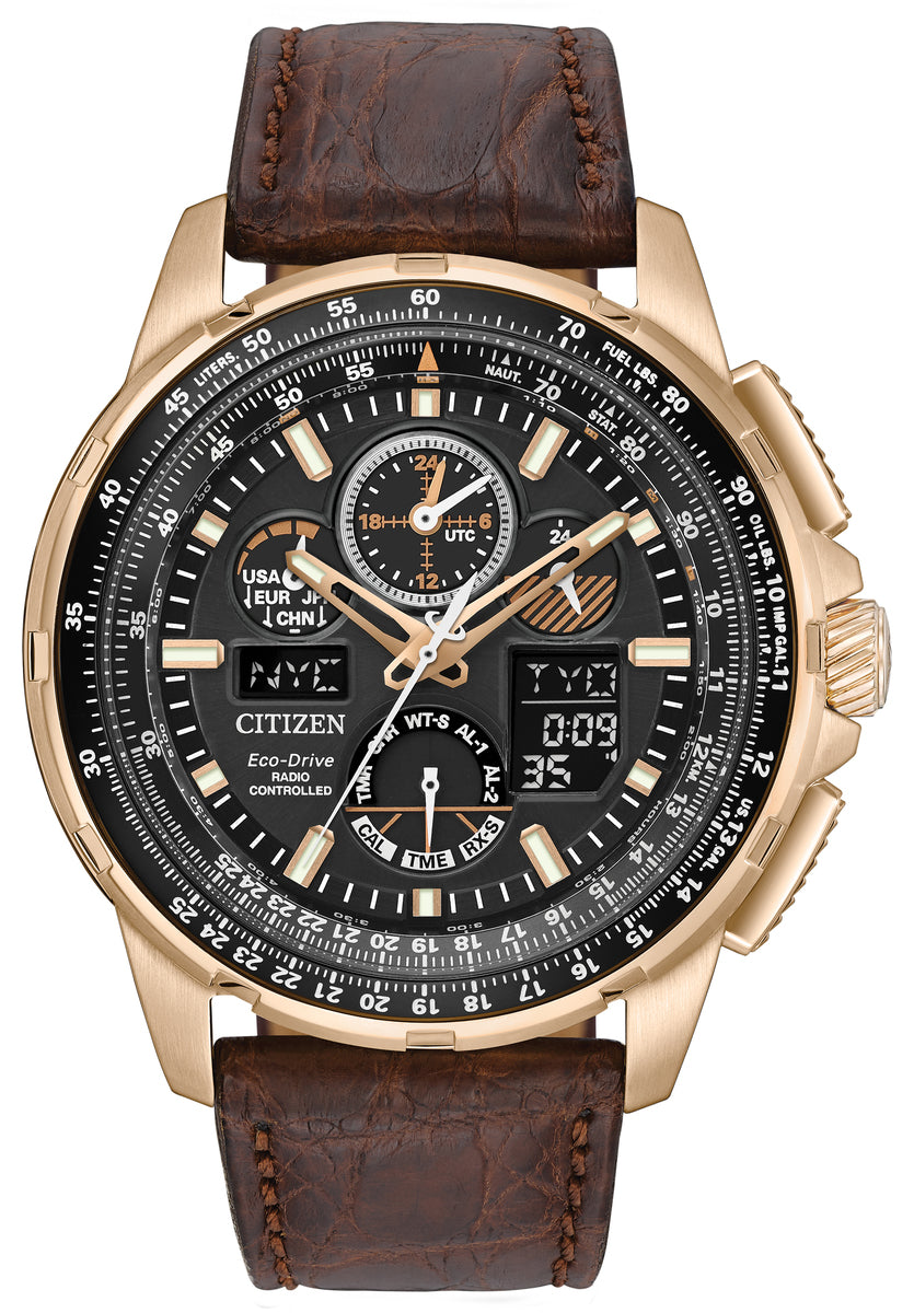 Citizen Eco-Drive Limited Edition Skyhawk A-T Black Dial Rose Gold Plated Mens Radio Controlled Chronograph Watch JY8056-04E