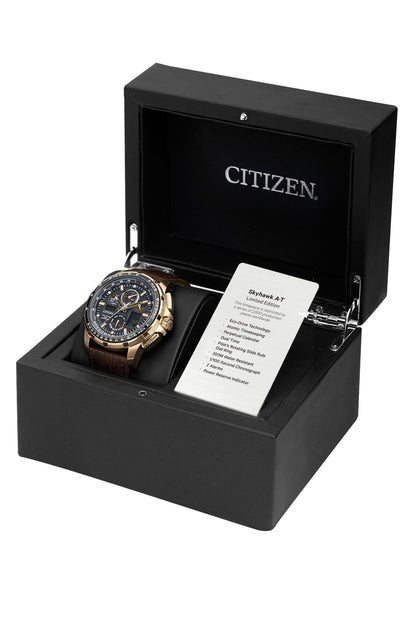Citizen Eco-Drive Limited Edition Skyhawk A-T Black Dial Rose Gold Plated Mens Radio Controlled Chronograph Watch JY8056-04E