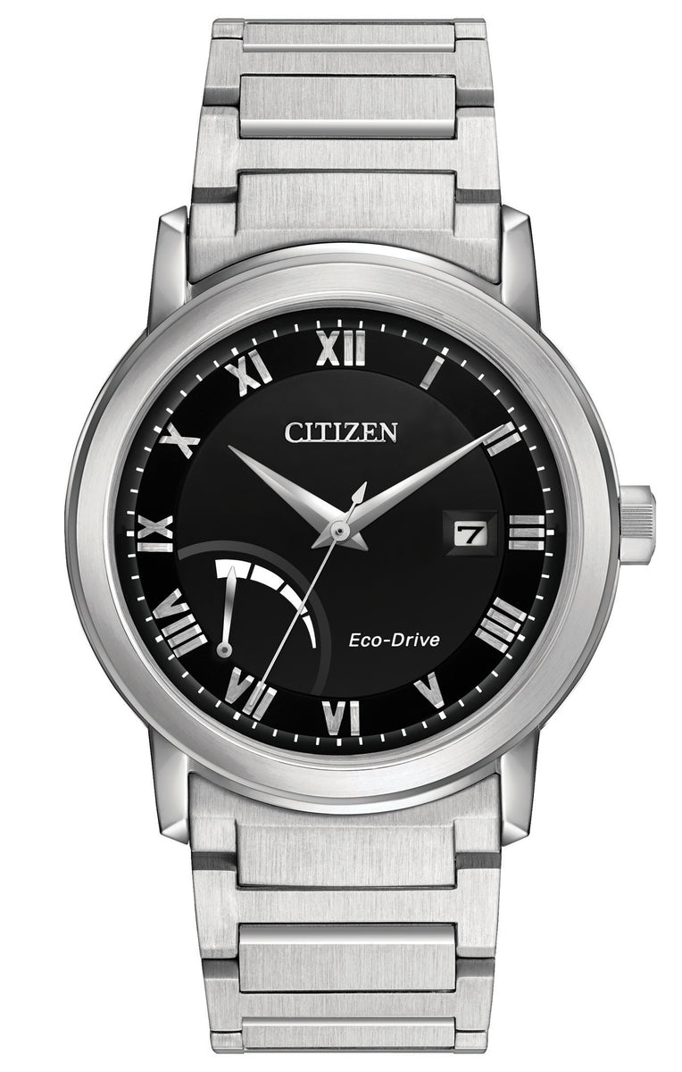 Citizen Eco-Drive Power Reserve Black Dial Stainless Steel Mens Watch AW7020-51E