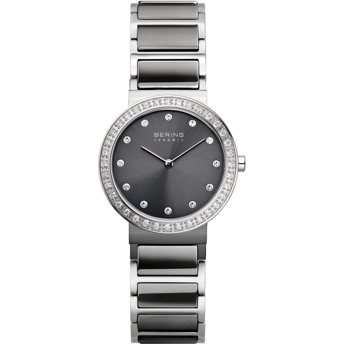Bering Ceramic Collection Grey Dial Swarovski Set Stainless Steel Womens Quartz Watch 10729-703