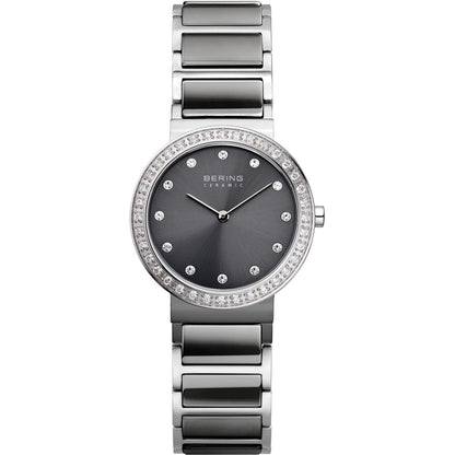 Bering Ceramic Collection Grey Dial Swarovski Set Stainless Steel Womens Quartz Watch 10729-703