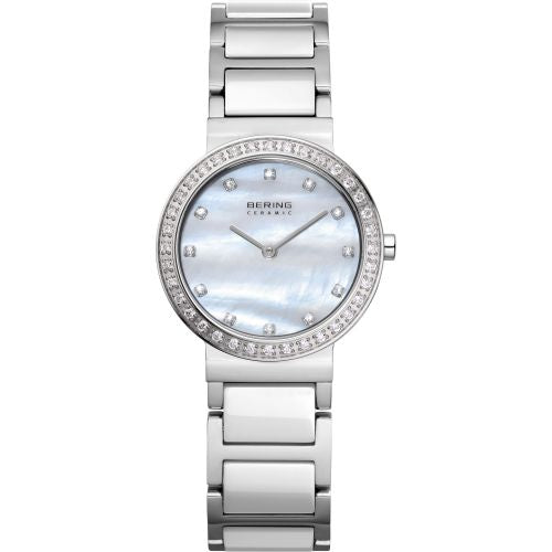 Bering Ceramic Collection Mother of Pearl Dial Swarovski Set Stainless Steel Womens Quartz Watch 10729-704