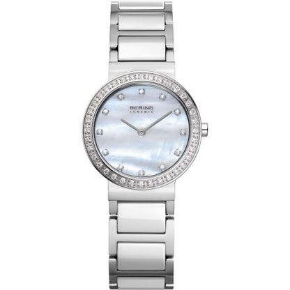 Bering Ceramic Collection Mother of Pearl Dial Swarovski Set Stainless Steel Womens Quartz Watch 10729-704