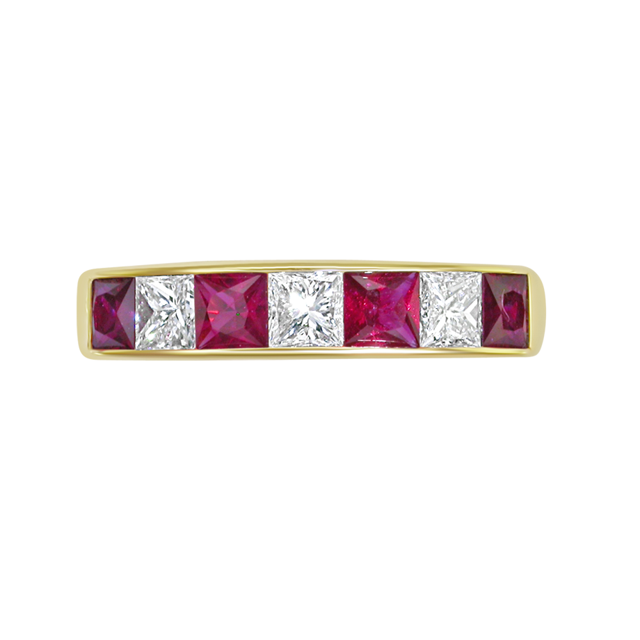 18ct Gold Princess Cut Ruby & Diamond Channel Set Half Eternity Ring