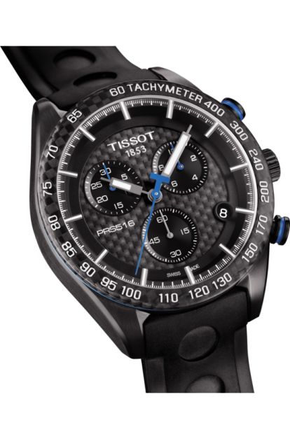 Tissot PRS 516 Carbon Dial Black PVD Plated Case Rubber Strap Mens Quartz Chronograph Watch T1004173720100