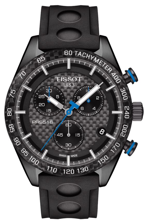 Tissot PRS 516 Carbon Dial Black PVD Plated Case Rubber Strap Mens Quartz Chronograph Watch T1004173720100