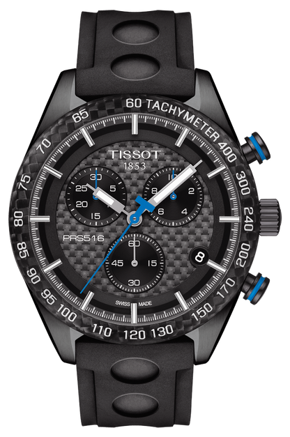 Tissot PRS 516 Carbon Dial Black PVD Plated Case Rubber Strap Mens Quartz Chronograph Watch T1004173720100